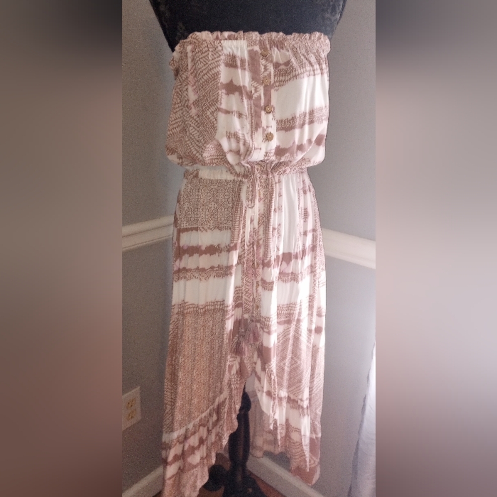 Tie Dye Strapless Dress Tie Waist W/ Tassels  Hi-lo  Prairie Hemline Sundress-m